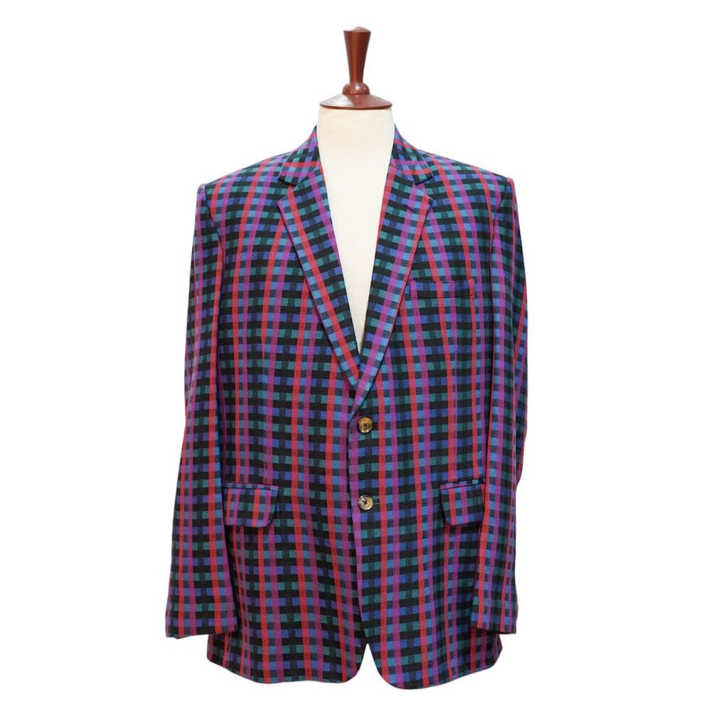 Mens Wool Sport Coat 44R Purple Pink Teal Plaid Blazer 2 Button Party Preppy